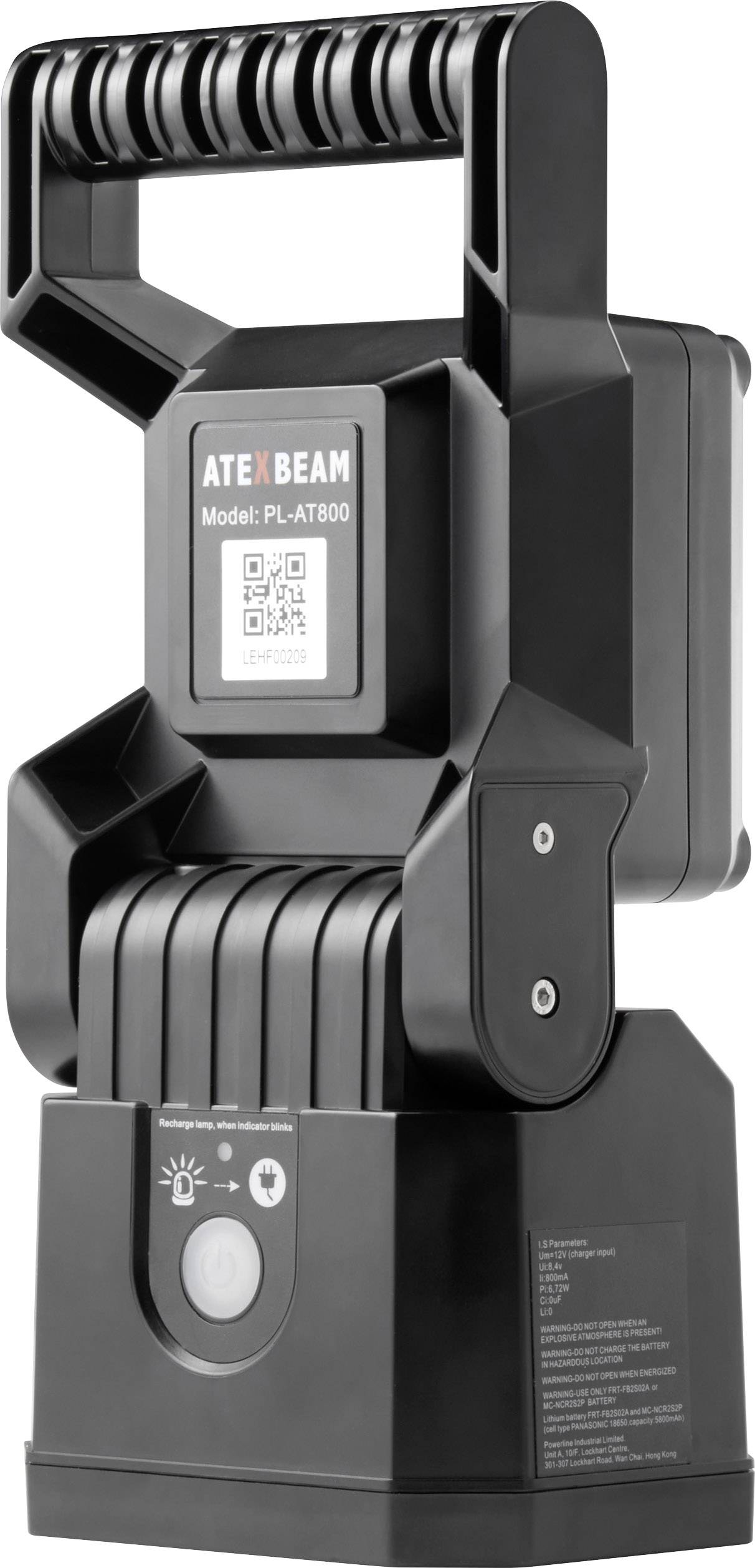 Portable black LED lamp with handle, model 'PL-AT800', by ATEXBEAM. Suitable for various applications requiring strong illumination.