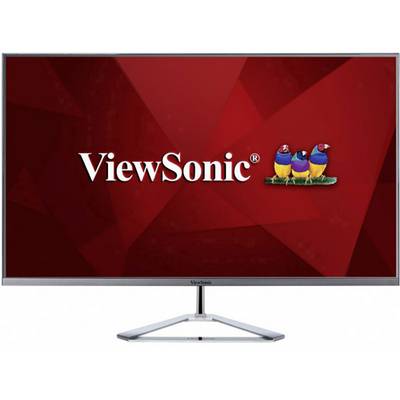 A computer screen displays the ViewSonic logo on a red background, accompanied by three colourful birds perched on a green branch.