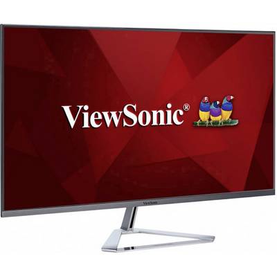 A computer screen with the 'ViewSonic' print and three colourful birds in the logo on a red background.
