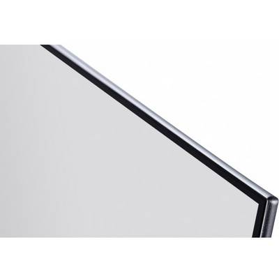 A close-up of a corner of a flat-screen display with a silver slim frame on a white background.