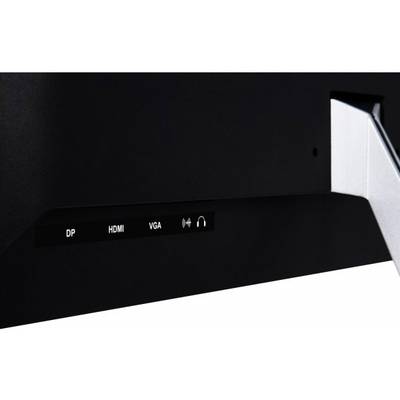 Side view of a computer monitor with connections: DisplayPort, HDMI, VGA and headphone port.