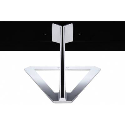 A silver, triangular stand design of a flat-screen television against a white background, modern and minimalist.