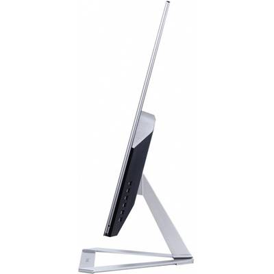 Side view of a sleek, modern monitor on a triangular stand with multiple connection options on the back.