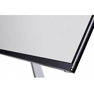 A modern, minimalist computer or television screen design with a sleek metal frame and a slender stand.