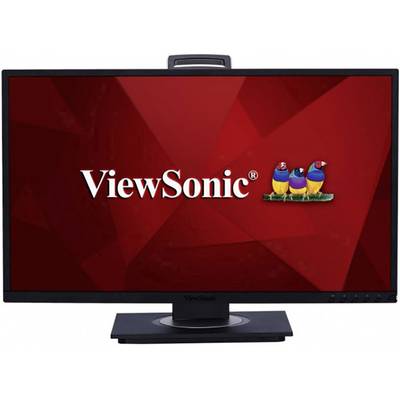 A computer screen displays the 'ViewSonic' logo in the centre on a red background with three coloured birds beside it.