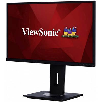 A ViewSonic computer monitor, model VG2437mc-LED, with three colourful birds side by side on a red background.