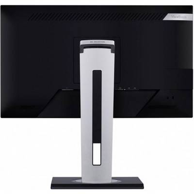 A computer monitor from behind, showing the stand and rear side with brand logo.