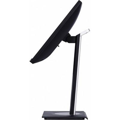 A side-tilting monitor on a slender stand, ideal for ergonomic workplace solutions.