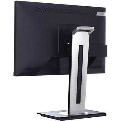 'Back of a black computer monitor with a silver stand, side ventilation slots, and adjustable mounting.'