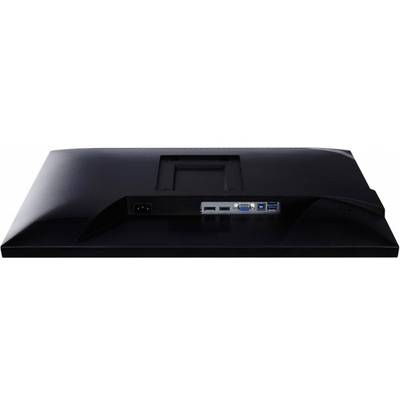 'Back of a monitor with connections: power supply, two USB ports, VGA and HDMI. Black casing with cable management.'