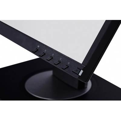 Close-up of a computer monitor with visible buttons along the bottom edge. The screen is black, with a circular base stand.