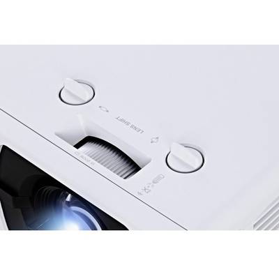 Close-up of a white projector lens with controls for 'Focus' and 'Lens Shift'.
