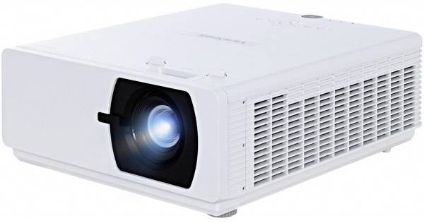 A white projector with an illuminated light beam, visible from the side and front. A device for displaying images on screens.