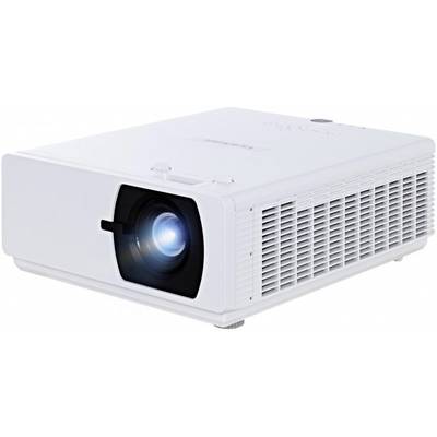 A white projector with an illuminated light beam, visible from the side and front. A device for displaying images on screens.