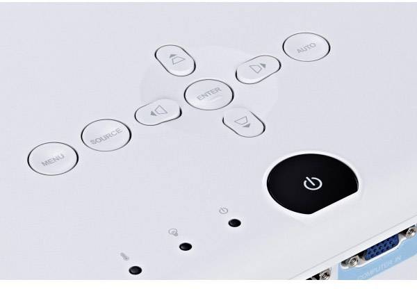 A white control panel of a projector with buttons for Menu, Source, Enter, Navigation and Power.