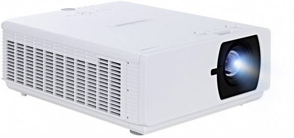 A white projector with its light switched on is shown at an angle from the side, featuring ventilation slots and an illuminated lens.