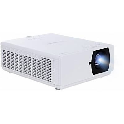 A white projector with its light switched on is shown at an angle from the side, featuring ventilation slots and an illuminated lens.