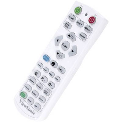 White remote control with buttons for Power, Menu, Enter and numerical keys. Notably, there are green 'On' and red 'Off' buttons at the top.