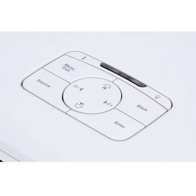 Control panel of a projector with buttons for menu, source, volume control, space, and enter to manage functions.