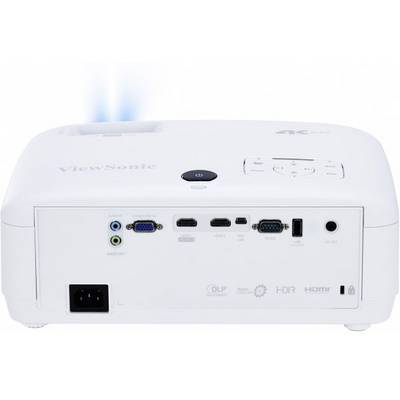 White projector from behind with connections: HDMI, VGA, USB, Audio and power plug. Control buttons on top and ventilated opening on the right.