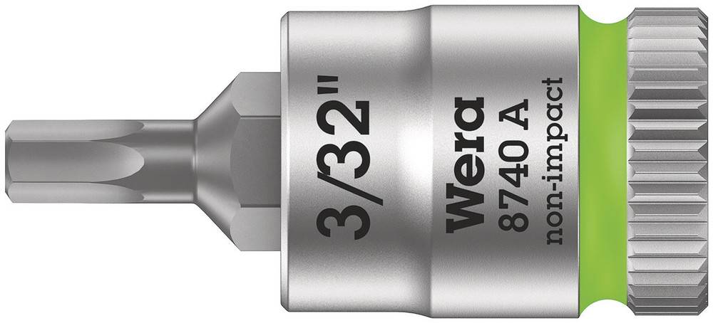 Wera hex bit socket, 3/32" size, Model 8740 A, for non-impact applications, silver with green ring.