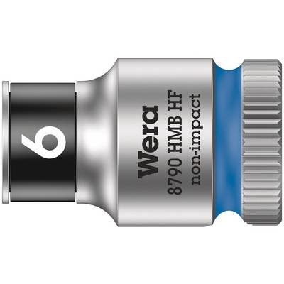 Metallic socket with the inscription 'Wera 8790 HMB HF non-impact'. Size 6. Silver colour with blue ring.