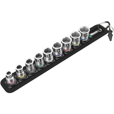 A set of nine socket wrench inserts lined up on a holder. Sizes: 8 to 19 mm, colour-coded motifs. Includes hanging loop.