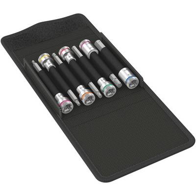 An open case containing six precision screwdrivers, each with a differently coloured marking and a black handle.