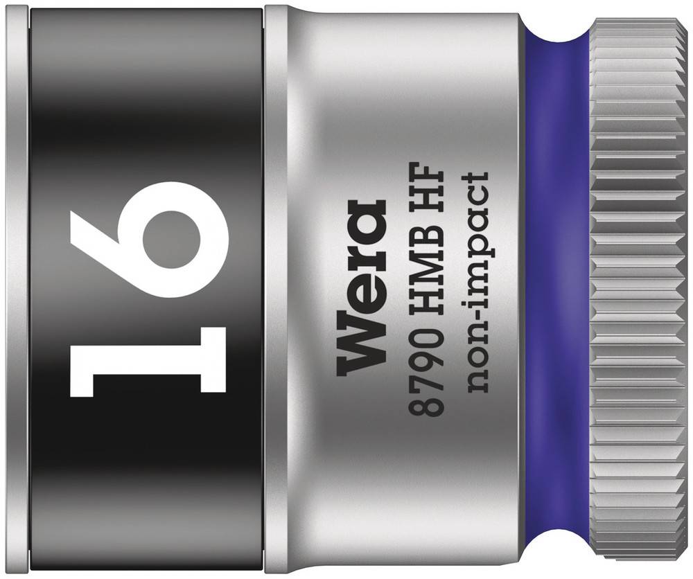 Socket, size 16, brand Wera, model 8790 HMB HF, non-impact, silver with black and blue band.