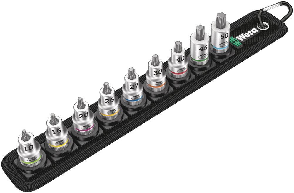 Set of ten Torx bits in various sizes, ranging from T10 to T50, arranged in a slim, black holder with 'Wera' logo.