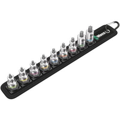 Set of ten Torx bits in various sizes, ranging from T10 to T50, arranged in a slim, black holder with 'Wera' logo.