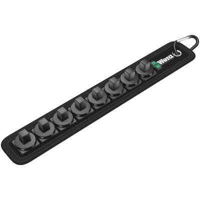 A black tool holder set with eight magnetic bit holders in a row, with a metal ring for attachment.