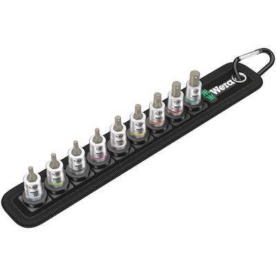 A set of eleven colour-coded tool adapters on a black holder with a carabiner clip, brand name 'Wera'.