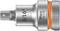 A metallic socket key adapter with the marking '3/16"', 'Wera 8740 B HF', 'non-impact', has an orange ring.