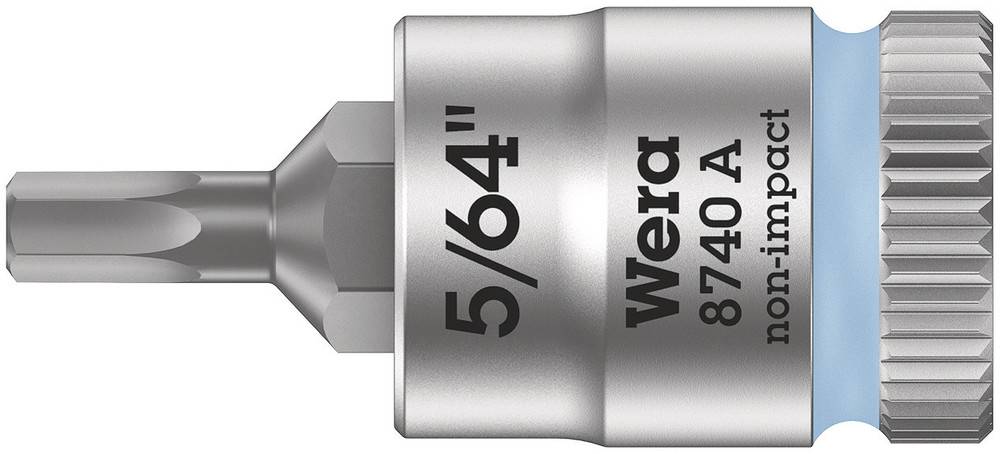 Wera bit attachment, 5/64 inch size, Model 8740 A. Inscription: 'non-impact'. Silver colour, cylindrical shape with knurled end.