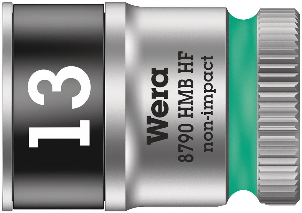 'Wera 8790 HMB HF non-impact' socket wrench with size 13, demonstrates a robust design and a green-marked interior.