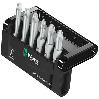 Set of six different bits in a black plastic holder, with the brand name 'Wera' visible on the front.