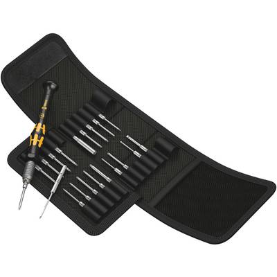 Tool set with precise screwdrivers and bits in a black case, suitable for repair work on electronic devices.