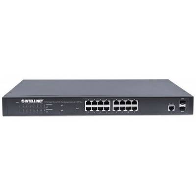 A black network switch with 16 Ethernet ports and two SFP ports. Brand name on the left side of the front panel.