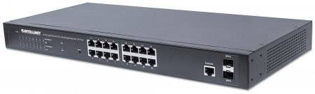 A black network switch with 24 Ethernet ports and 2 SFP ports on the front panel, suitable for enterprise networks.