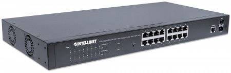 A black network switch with 16 Ethernet ports and two fans on the left-hand side.
