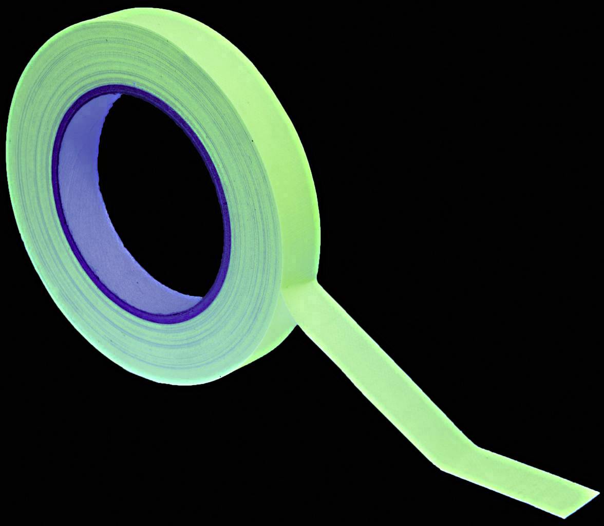 Luminous green roll of adhesive tape with an extended end against a black background.