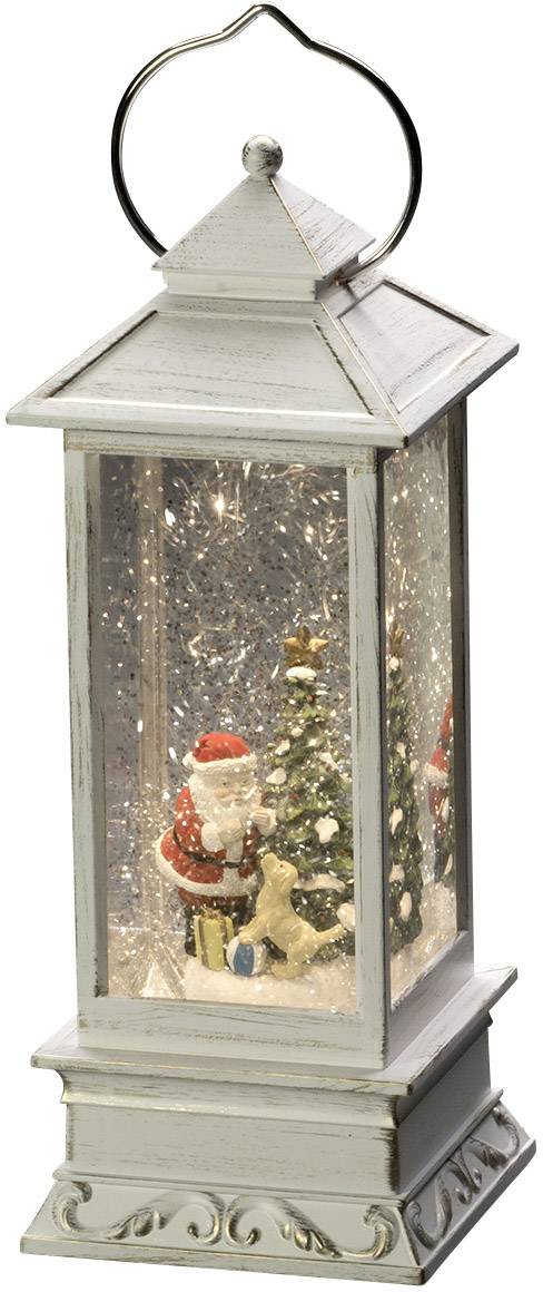 Lantern with a snowman, small trees, and gifts inside, in a wintery scene.