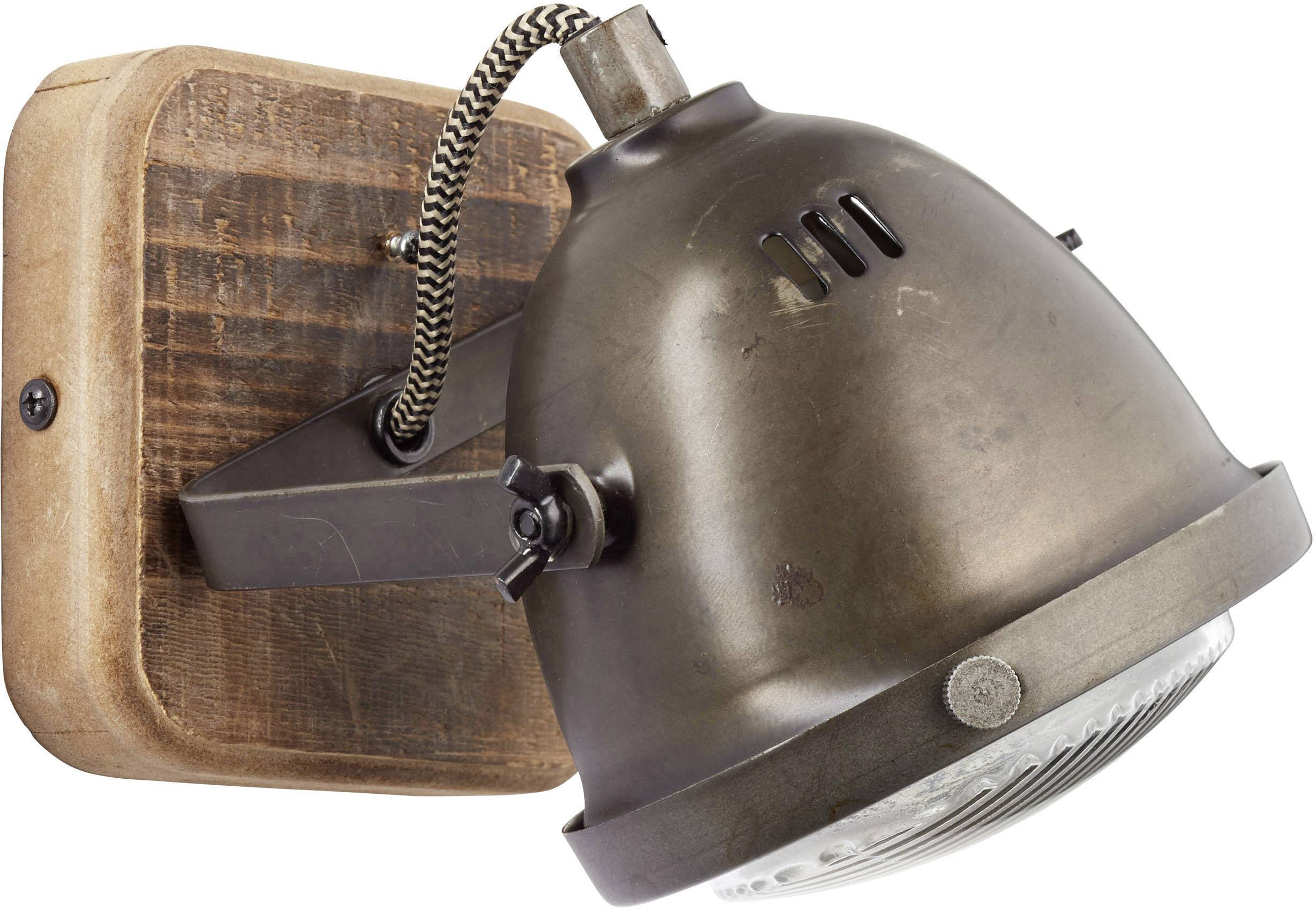 A rustic wall light with a metal casing and a wooden base. The lamp features an adjustable joint for light positioning.