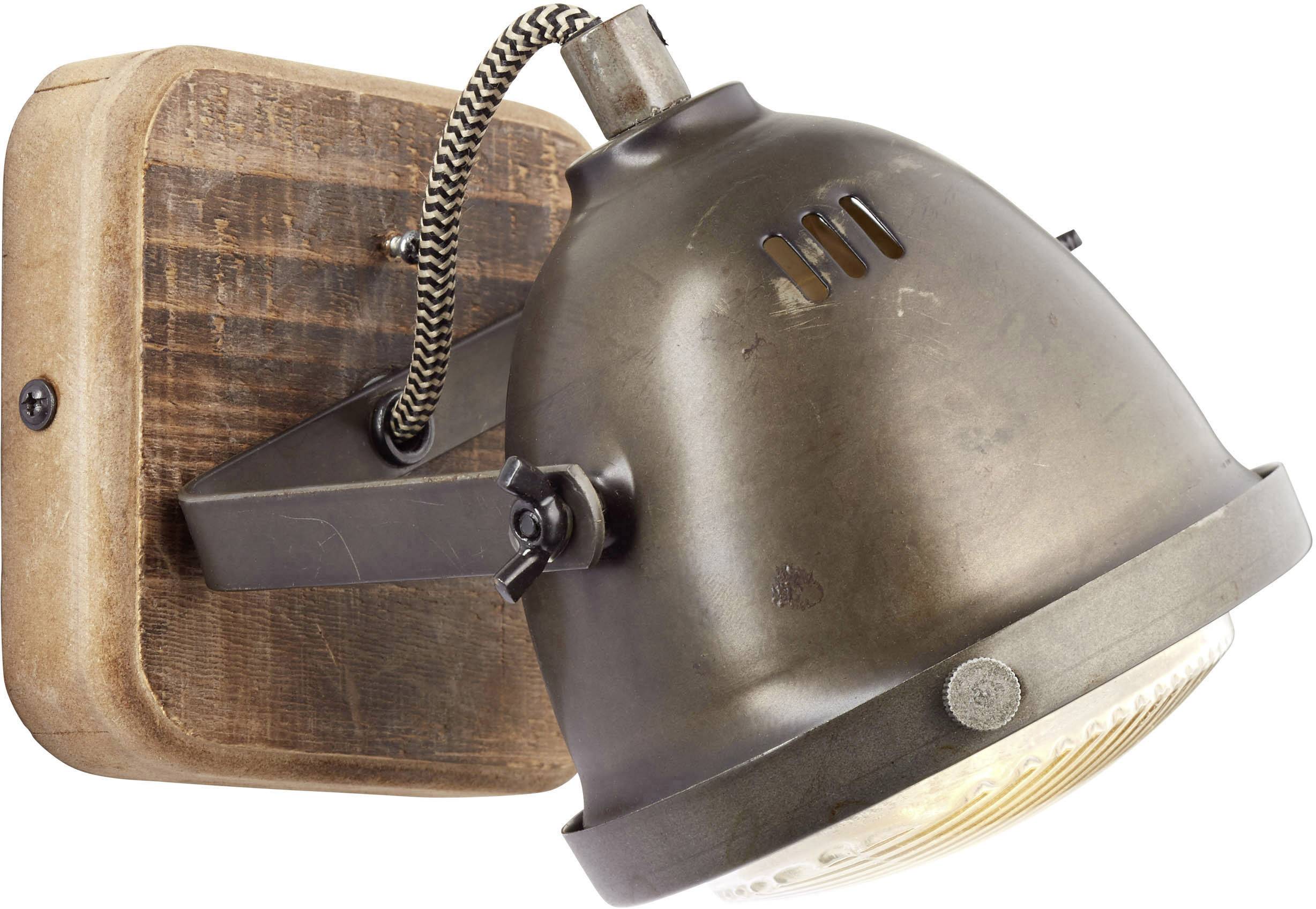 Bronze wall light with wooden base, adjustable metal shade, and braided cable, in an industrial style.