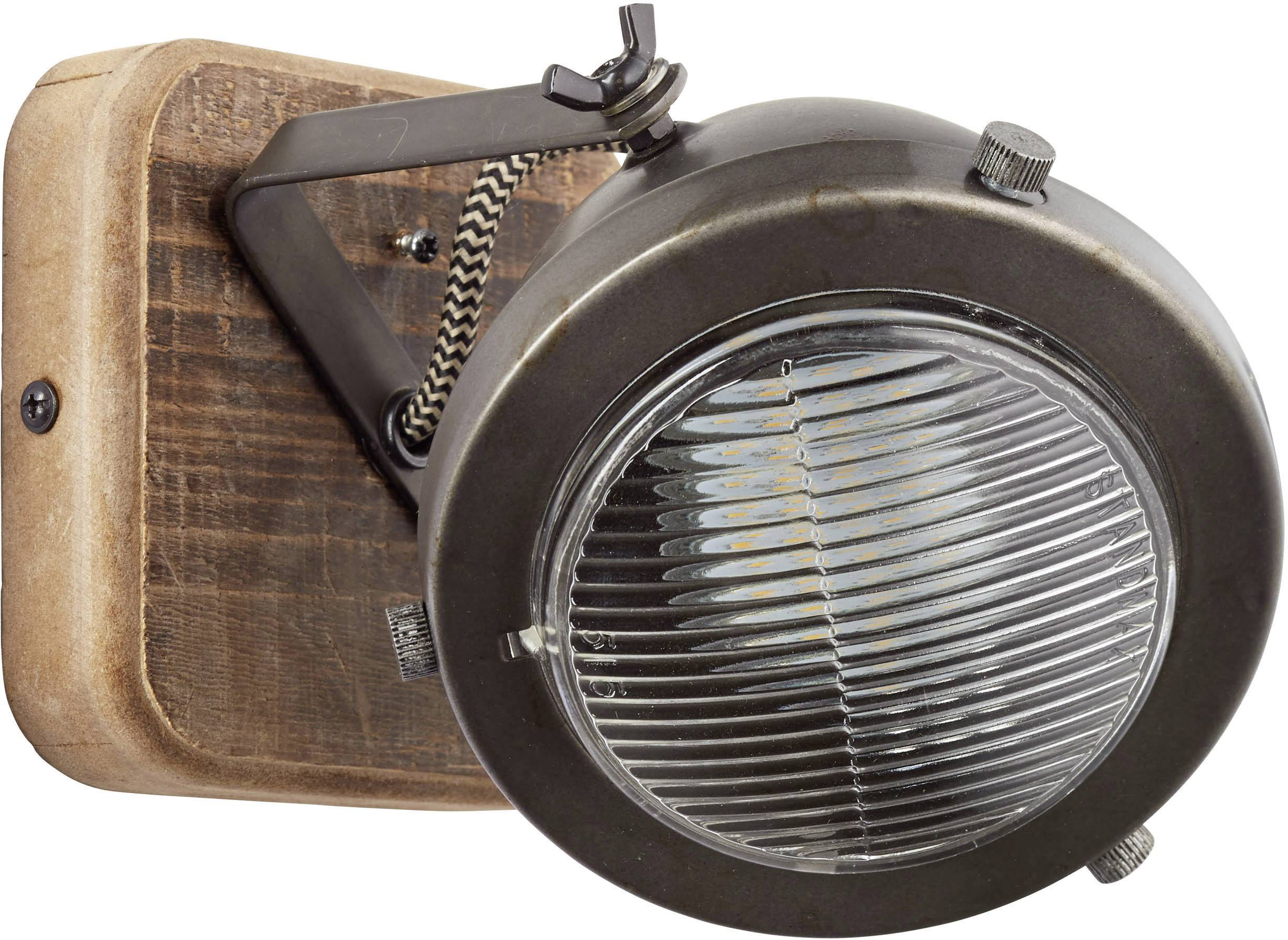 Wall light with a round, metallic lampshade mounted on a rectangular wooden base. Rustic style.