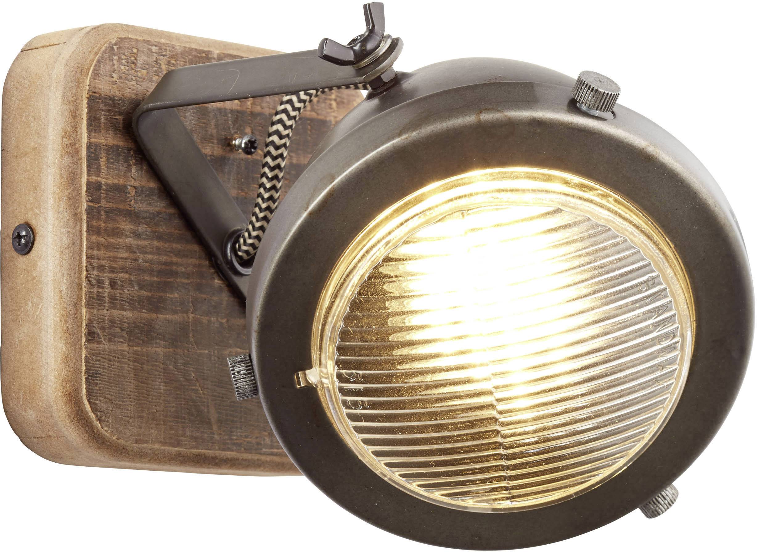 A round, industrial wall light with a wooden base and metal frame that emits warm light. Ideal for rustic interiors.