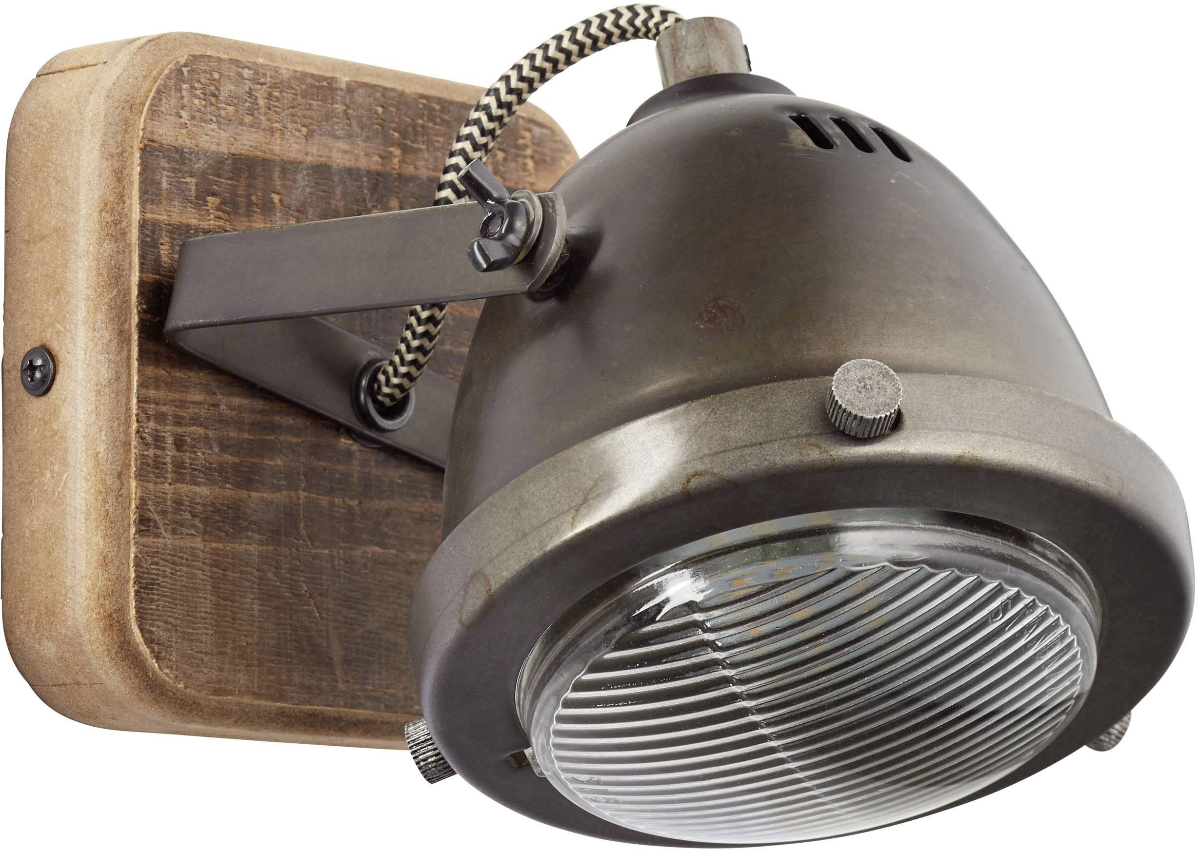Industrial metal wall light with wooden mounting bracket, adjustable, in a vintage style.