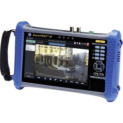 Portable device with screen displays surveillance image of a street with buildings and parked cars. Keypad and handle are visible.