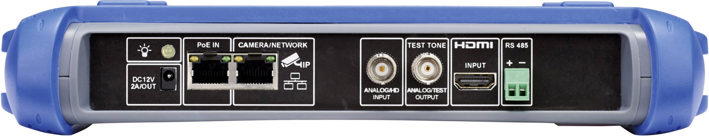 Back of a blue electronic device with various ports: DC, HDMI, RS-485, two round connectors, and an RJ-45 network cable port.
